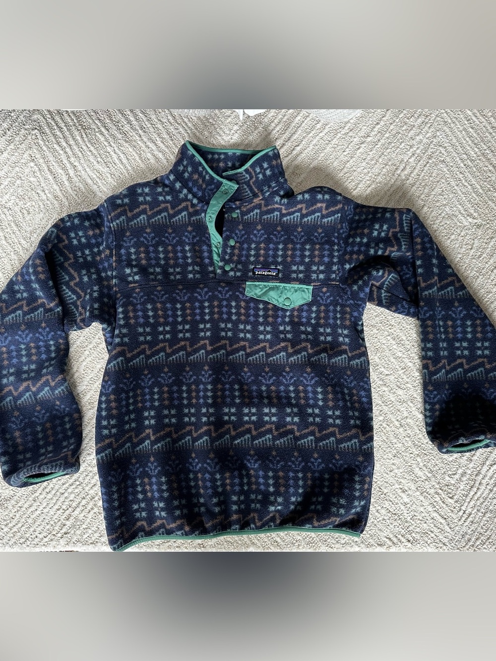 Patagonia Women’s Navy Patterned Synchilla Pullover with Teal Accents